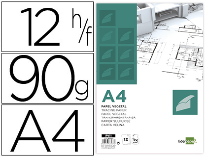 PAPEL VEGETAL LIDERPAPEL A4 90GR 210X297MM SOBRE DE 12 HOJAS