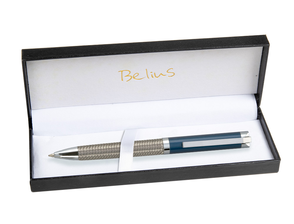 BOLIGRAFO BELIUS MUNICH AZUL CUERPO ACERO INOXIDABLE CON TEXTURA TINTA NEGRA EN ESTUCHE