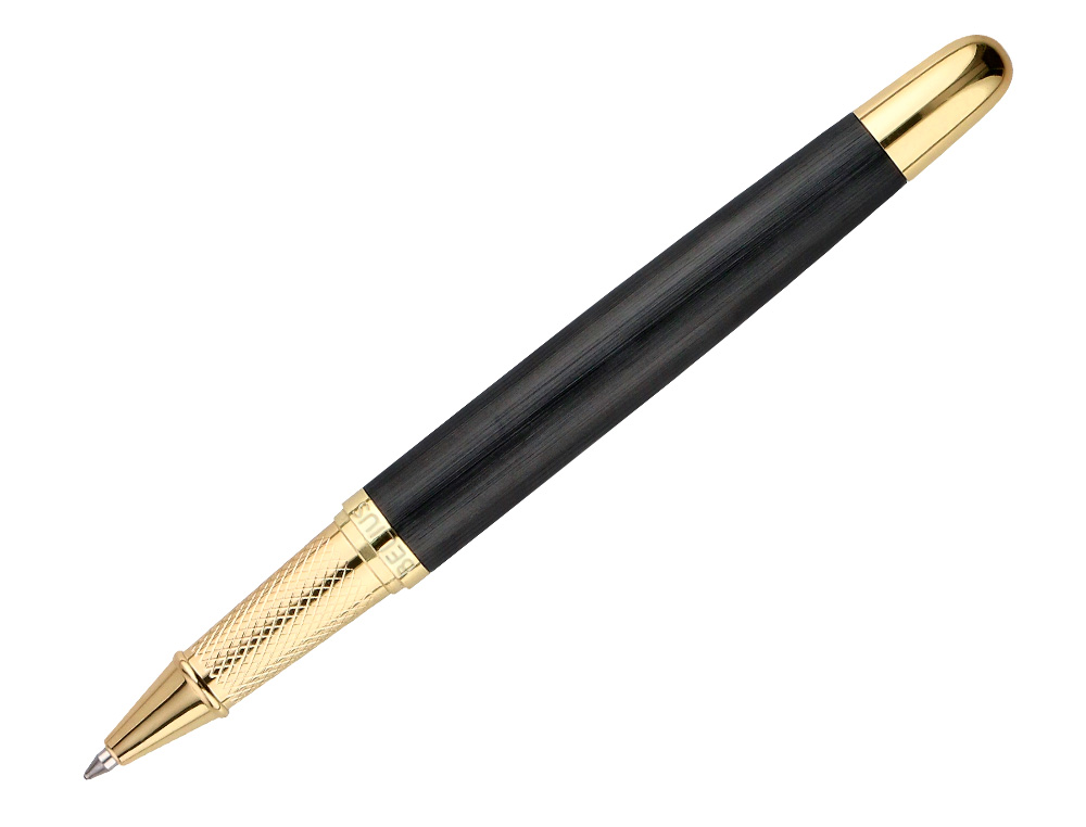 BOLIGRAFO Y ESTUCHE BELIUS PASSION DOR ALUMINIO TEXTURA CEPILLADA COLOR NEGRO Y DORADO TINTA AZUL CAJA DISEO