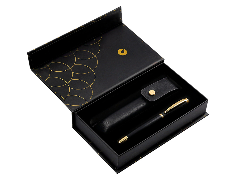 BOLIGRAFO Y ESTUCHE BELIUS PASSION DOR ALUMINIO TEXTURA CEPILLADA COLOR NEGRO Y DORADO TINTA AZUL CAJA DISEO