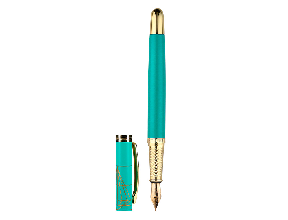 PLUMA Y ESTUCHE BELIUS SOIREE COLOR ART DECO TURQUESA DORADO TINTA AZUL CAJA DE DISEO