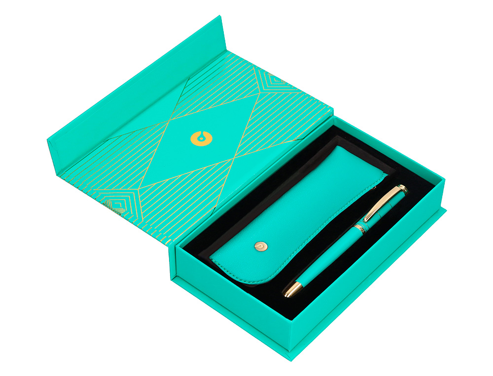PLUMA Y ESTUCHE BELIUS SOIREE COLOR ART DECO TURQUESA DORADO TINTA AZUL CAJA DE DISEO