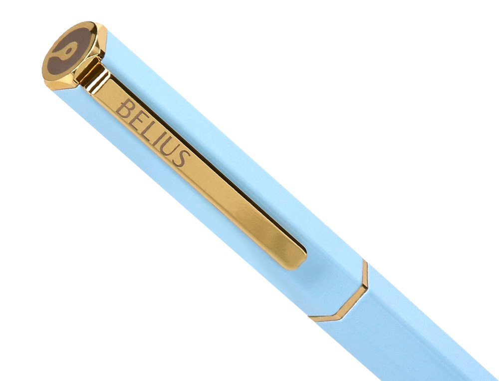BOLIGRAFO BELIUS MACARON BLISS FORMA HEXAGONAL COLOR CELESTE Y DORADO TINTA AZUL CAJA DE DISEO