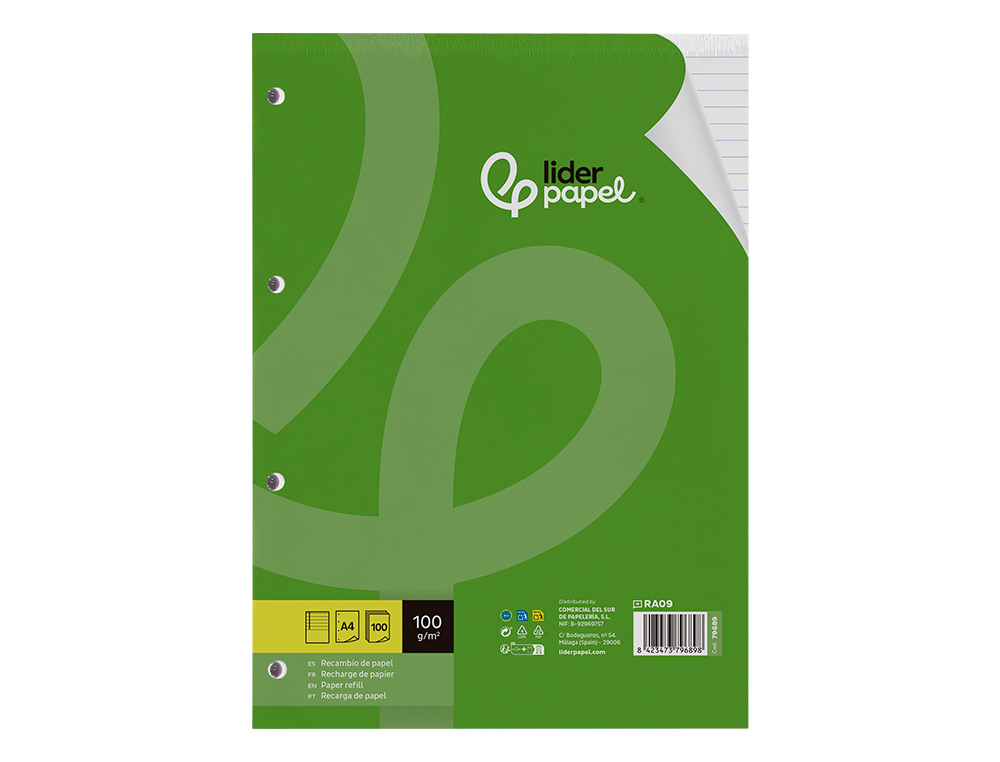 RECAMBIO LIDERPAPEL A4 100 HOJAS 100GR RAYADO HORIZONTAL CON MARGEN 4 TALADROS