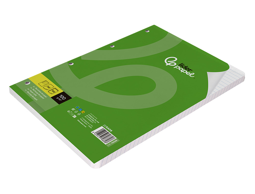 RECAMBIO LIDERPAPEL A4 100 HOJAS 100GR RAYADO HORIZONTAL CON MARGEN 4 TALADROS