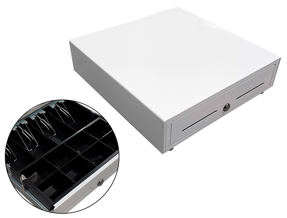 CAJON PORTAMONEDAS 8 MONEDEROS 4 BILLETEROS CON LLAVE MANUALBLANCO 410X415X110 MM