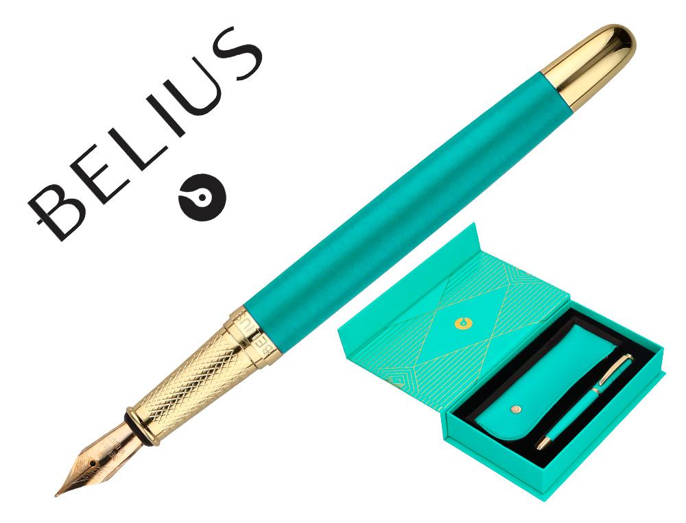 PLUMA Y ESTUCHE BELIUS SOIREE COLOR ART DECO TURQUESA DORADO TINTA AZUL CAJA DE DISEO