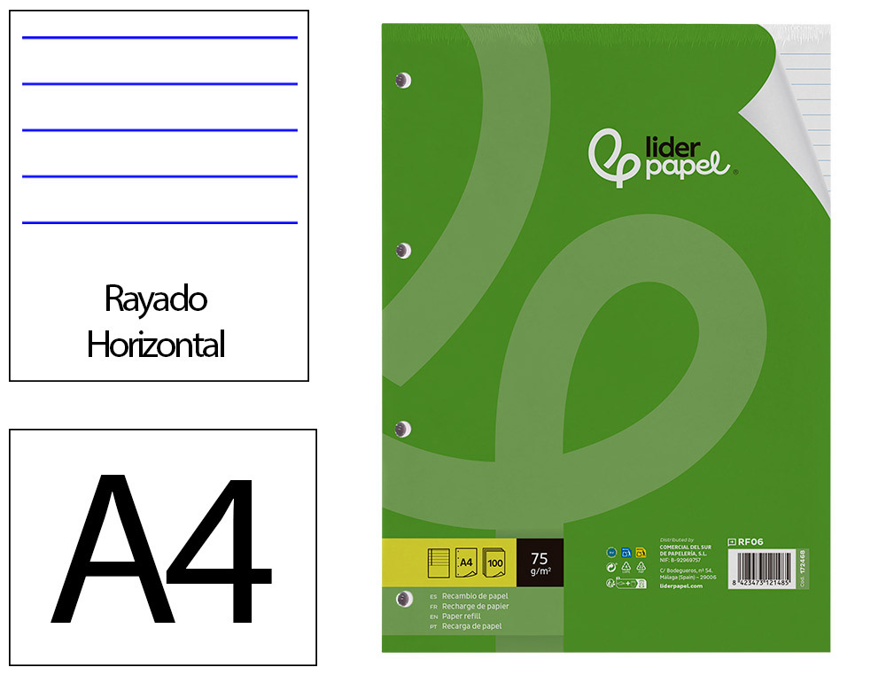 RECAMBIO LIDERPAPEL A4 100 HOJAS 75GR HORIZONTAL CON MARGEN 4 TALADROS